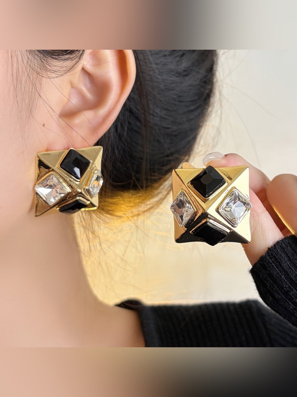 Vintage Gold and Black Geometric Crystal Stud Earrings - Women Jewelry